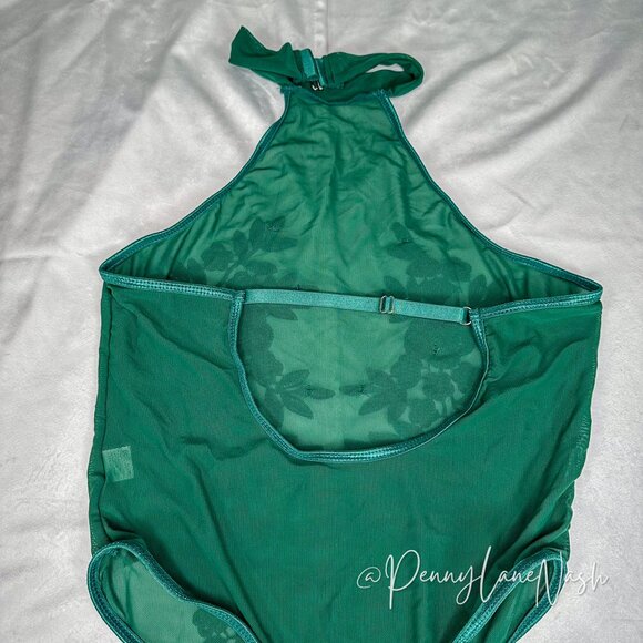 Shein Sheer Mesh Floral Embroidered Bodysuit Top Green - Picture 9 of 9